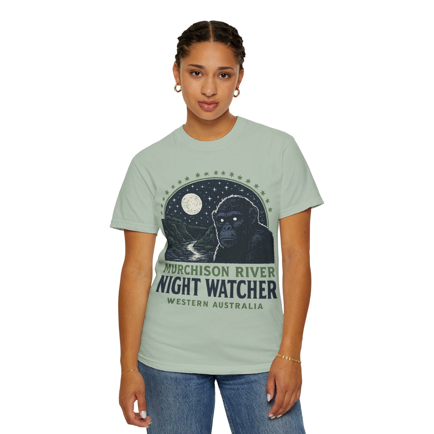 Night Watcher T-Shirt, Unisex Garment-Dyed Tee, Gorilla Graphic Shirt, Adventure Apparel, Casual Wear, Gift for Nature Lovers