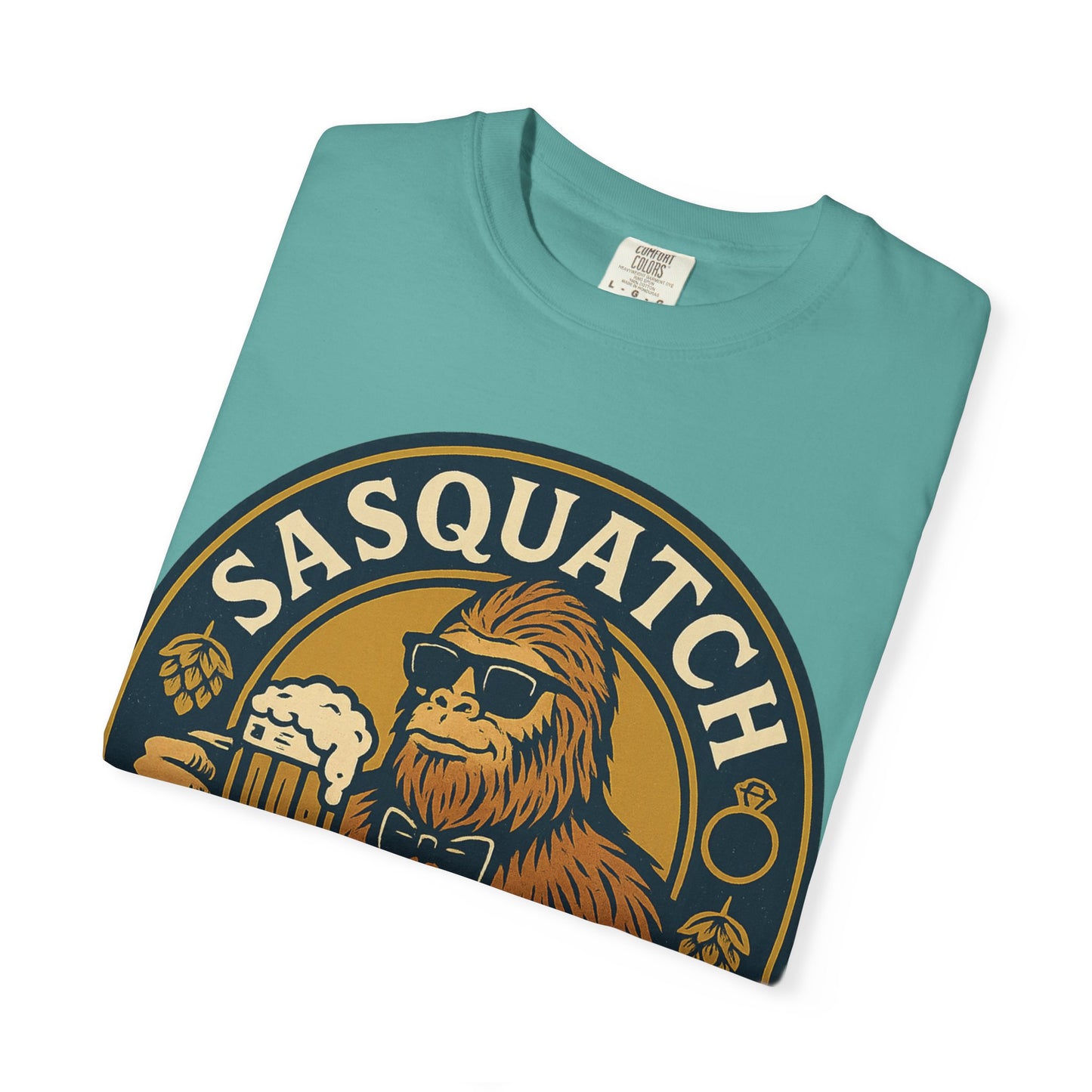 Sasquatch Groom Posse T-Shirt - Funny Bigfoot Wedding Tee - Vintage Beer Party Design - Unisex Garment-Dyed