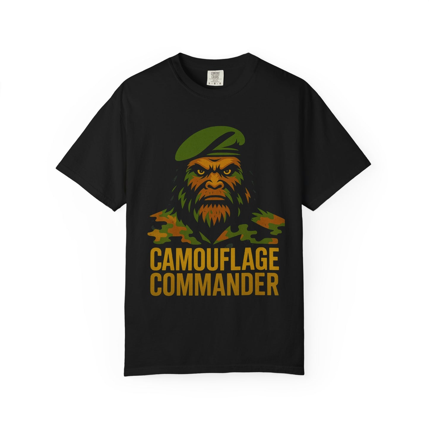 Camouflage Commander Bigfoot Military T-Shirt for Bigfoot Enthusiasts | Vintage Camo Graphic Tee | Eco-Friendly Unisex Shirt