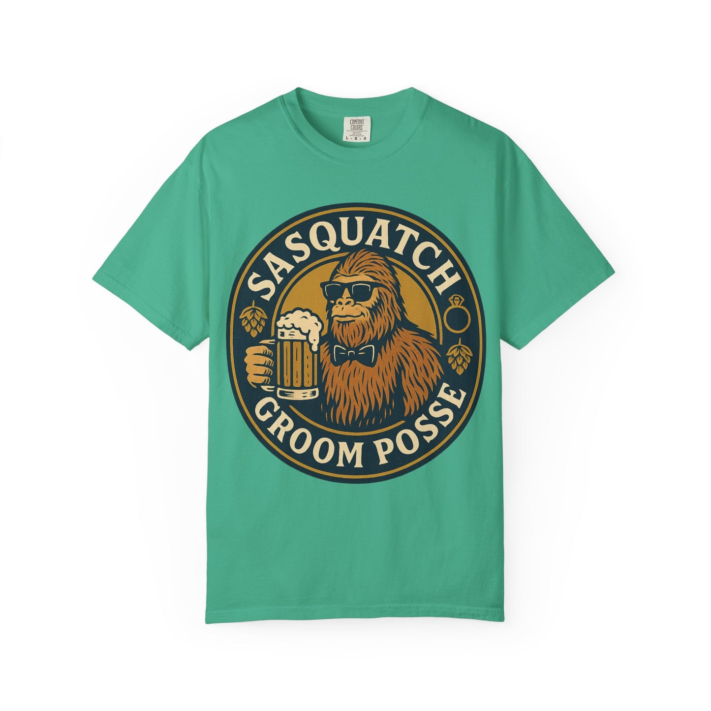 Sasquatch Groom Posse T-Shirt - Funny Bigfoot Wedding Tee - Vintage Beer Party Design - Unisex Garment-Dyed