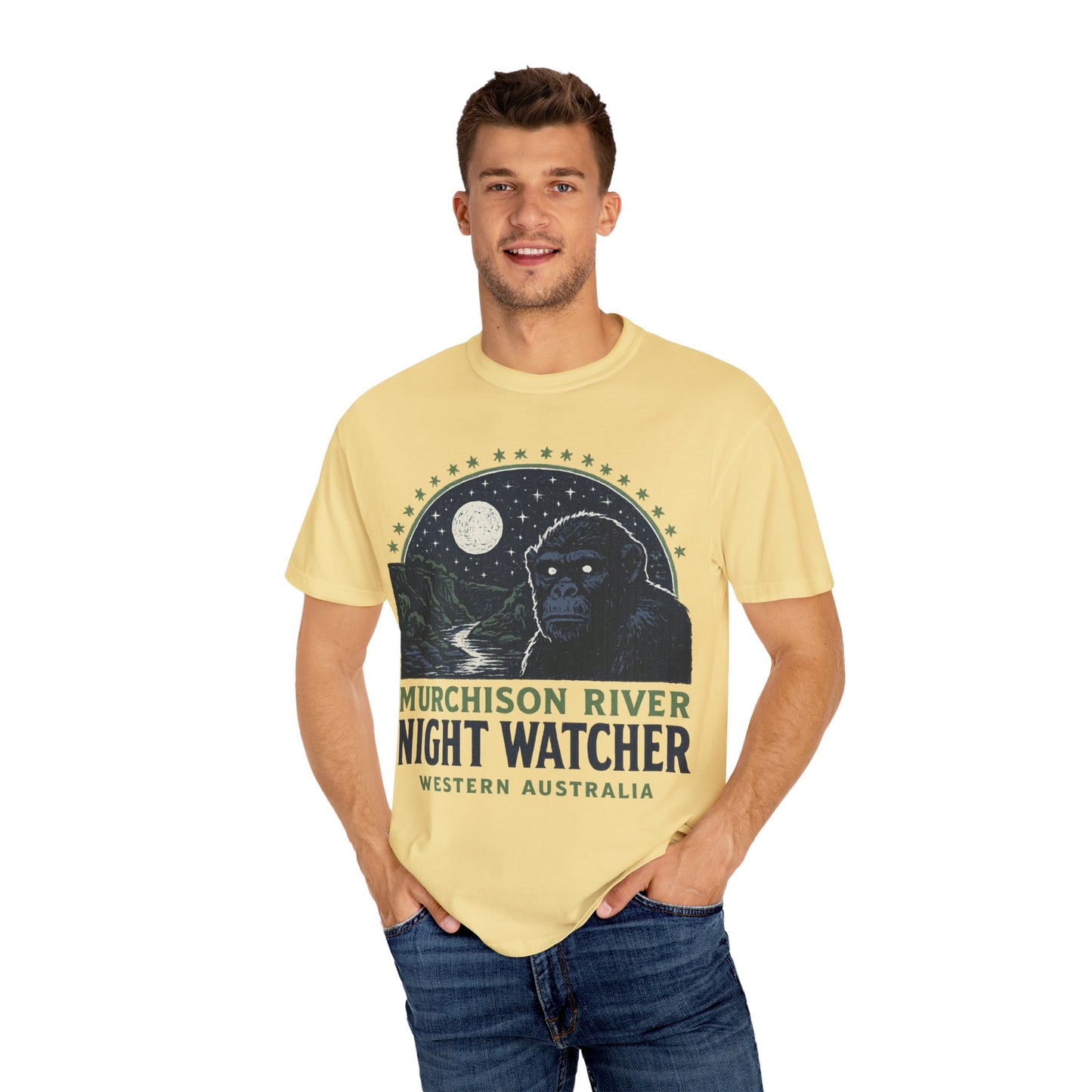 Night Watcher T-Shirt, Unisex Garment-Dyed Tee, Gorilla Graphic Shirt, Adventure Apparel, Casual Wear, Gift for Nature Lovers