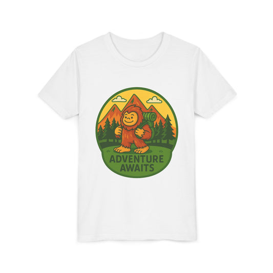 Adventure Awaits Youth Tee, Fun Kids Shirt, Cute Sasquatch T-Shirt, Summer Adventure Clothing, Perfect Gift for Young Explorers