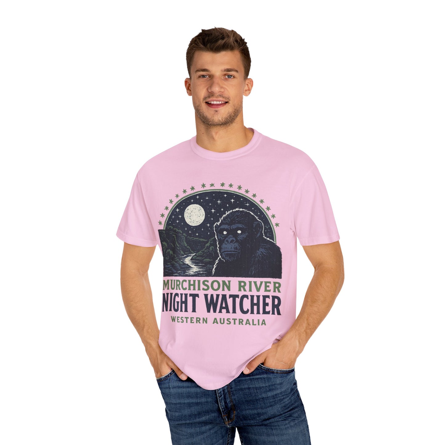 Night Watcher T-Shirt, Unisex Garment-Dyed Tee, Gorilla Graphic Shirt, Adventure Apparel, Casual Wear, Gift for Nature Lovers