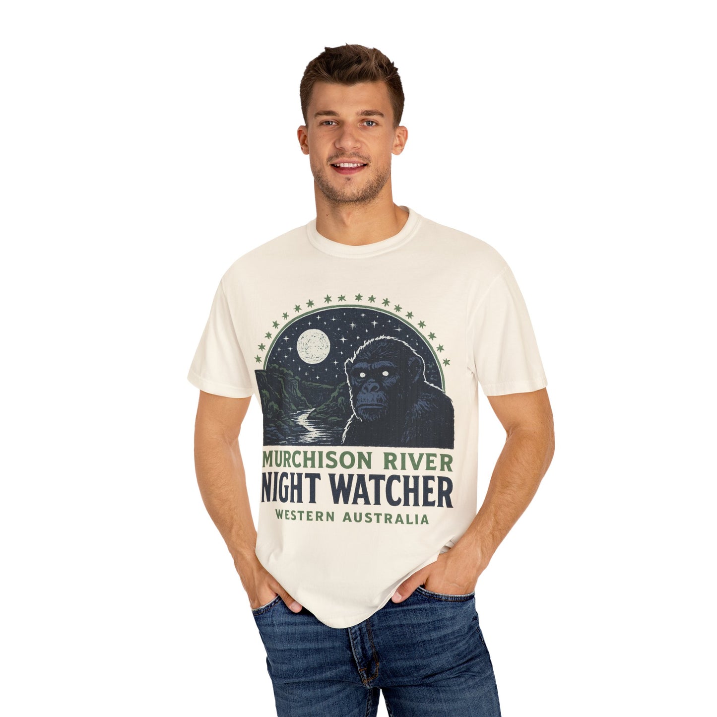 Night Watcher T-Shirt, Unisex Garment-Dyed Tee, Gorilla Graphic Shirt, Adventure Apparel, Casual Wear, Gift for Nature Lovers