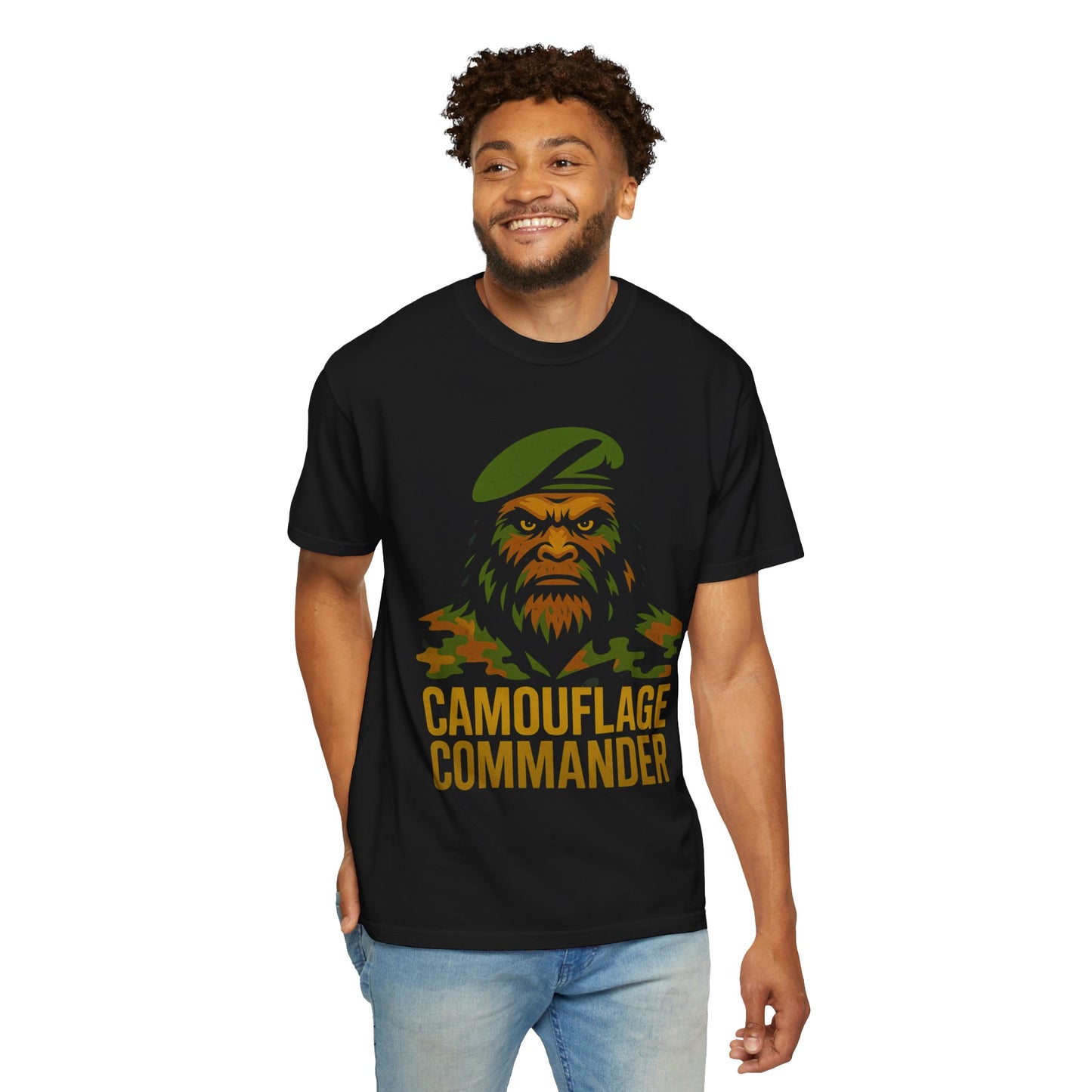 Camouflage Commander Bigfoot Military T-Shirt for Bigfoot Enthusiasts | Vintage Camo Graphic Tee | Eco-Friendly Unisex Shirt
