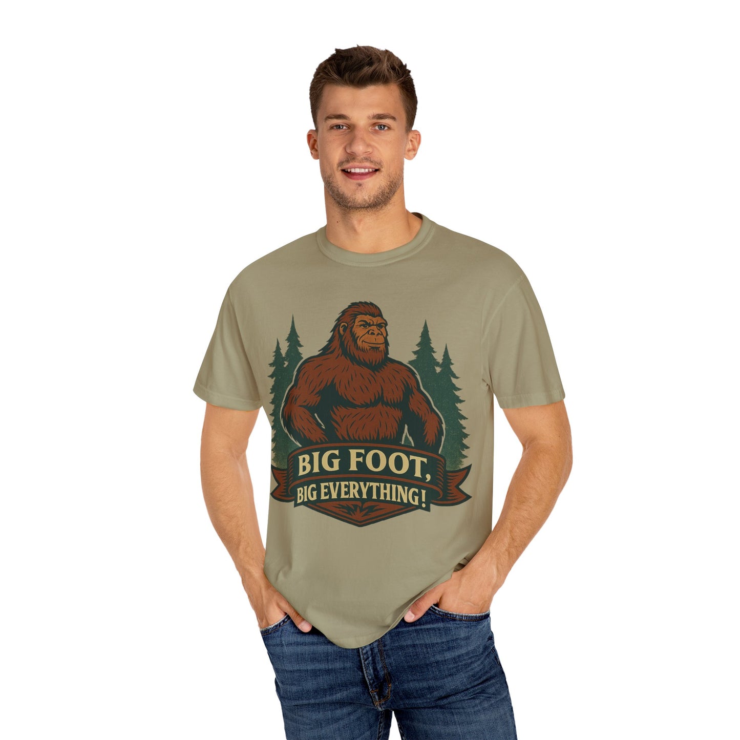 Big Foot, Big Everything T-Shirt - Bold Sasquatch Humor Tee - Vintage Outdoor Bigfoot Design - Unisex Garment-Dyed