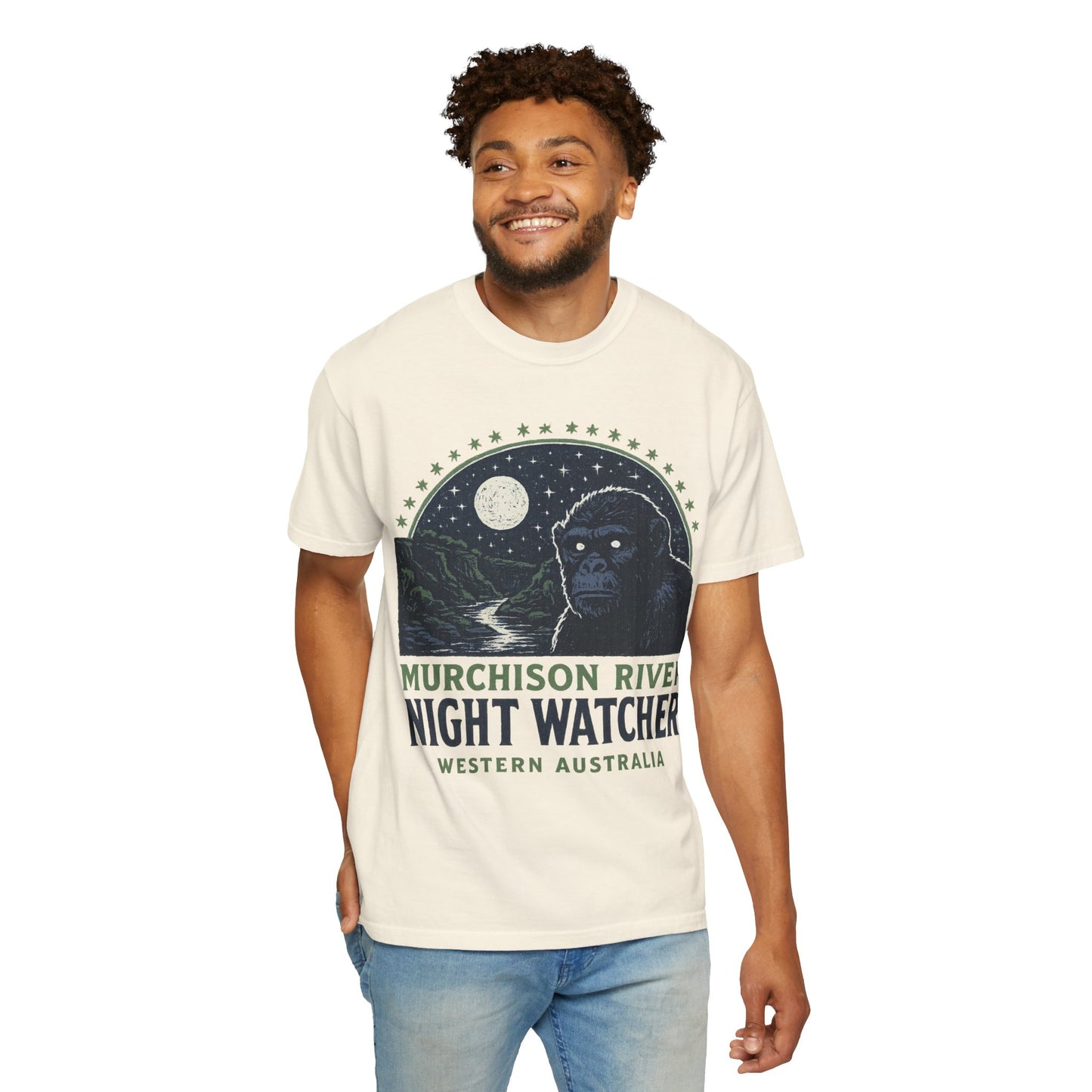Night Watcher T-Shirt, Unisex Garment-Dyed Tee, Gorilla Graphic Shirt, Adventure Apparel, Casual Wear, Gift for Nature Lovers