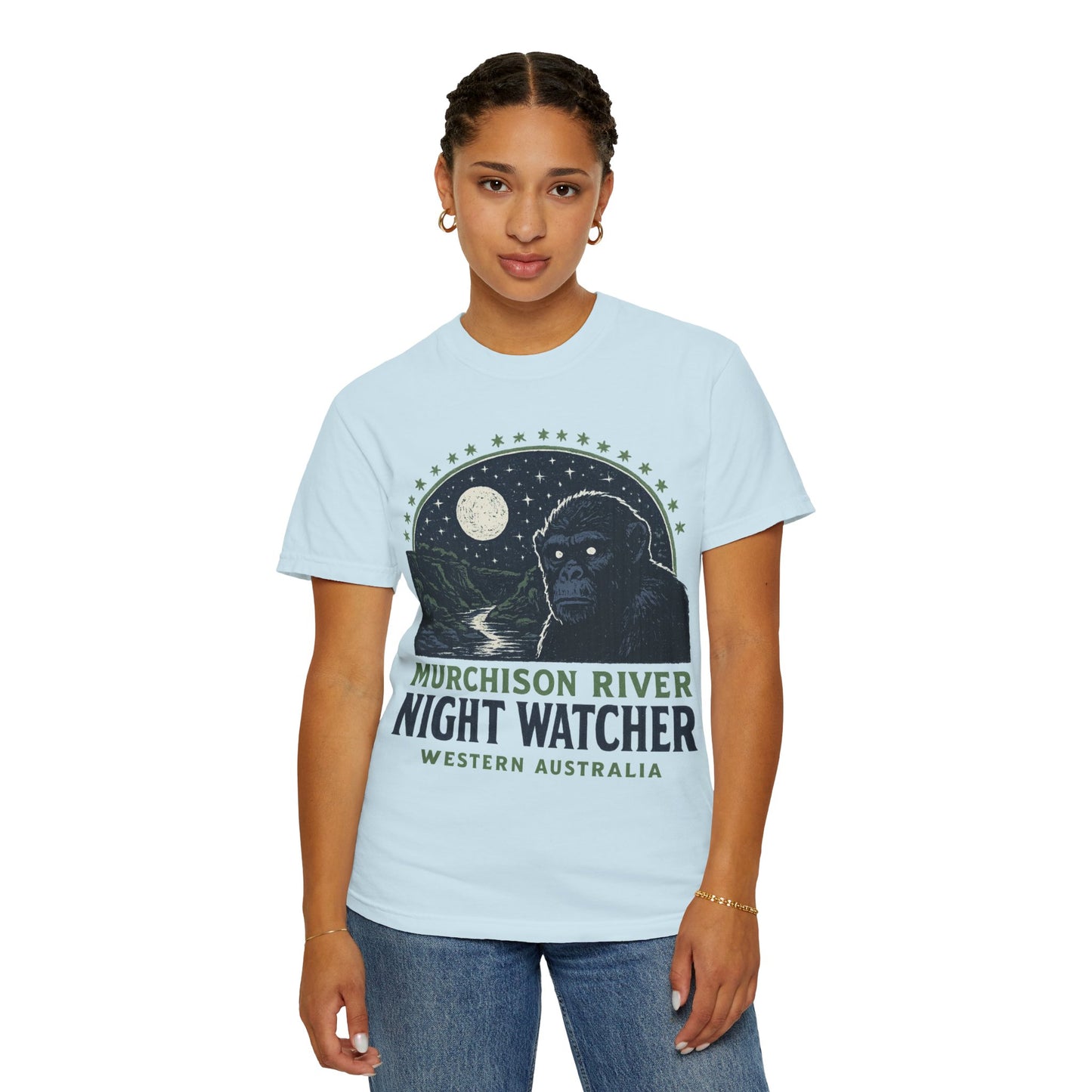Night Watcher T-Shirt, Unisex Garment-Dyed Tee, Gorilla Graphic Shirt, Adventure Apparel, Casual Wear, Gift for Nature Lovers