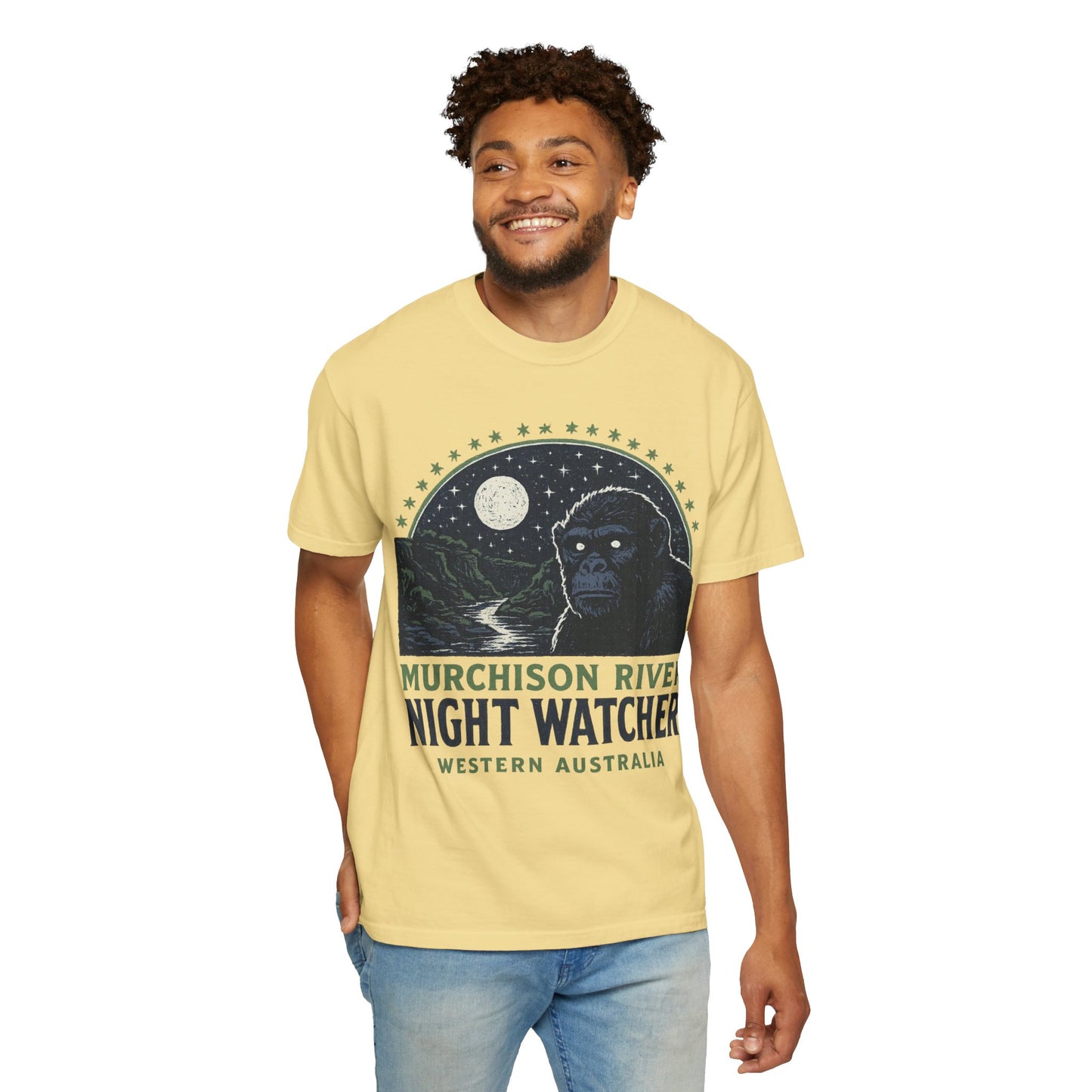 Night Watcher T-Shirt, Unisex Garment-Dyed Tee, Gorilla Graphic Shirt, Adventure Apparel, Casual Wear, Gift for Nature Lovers
