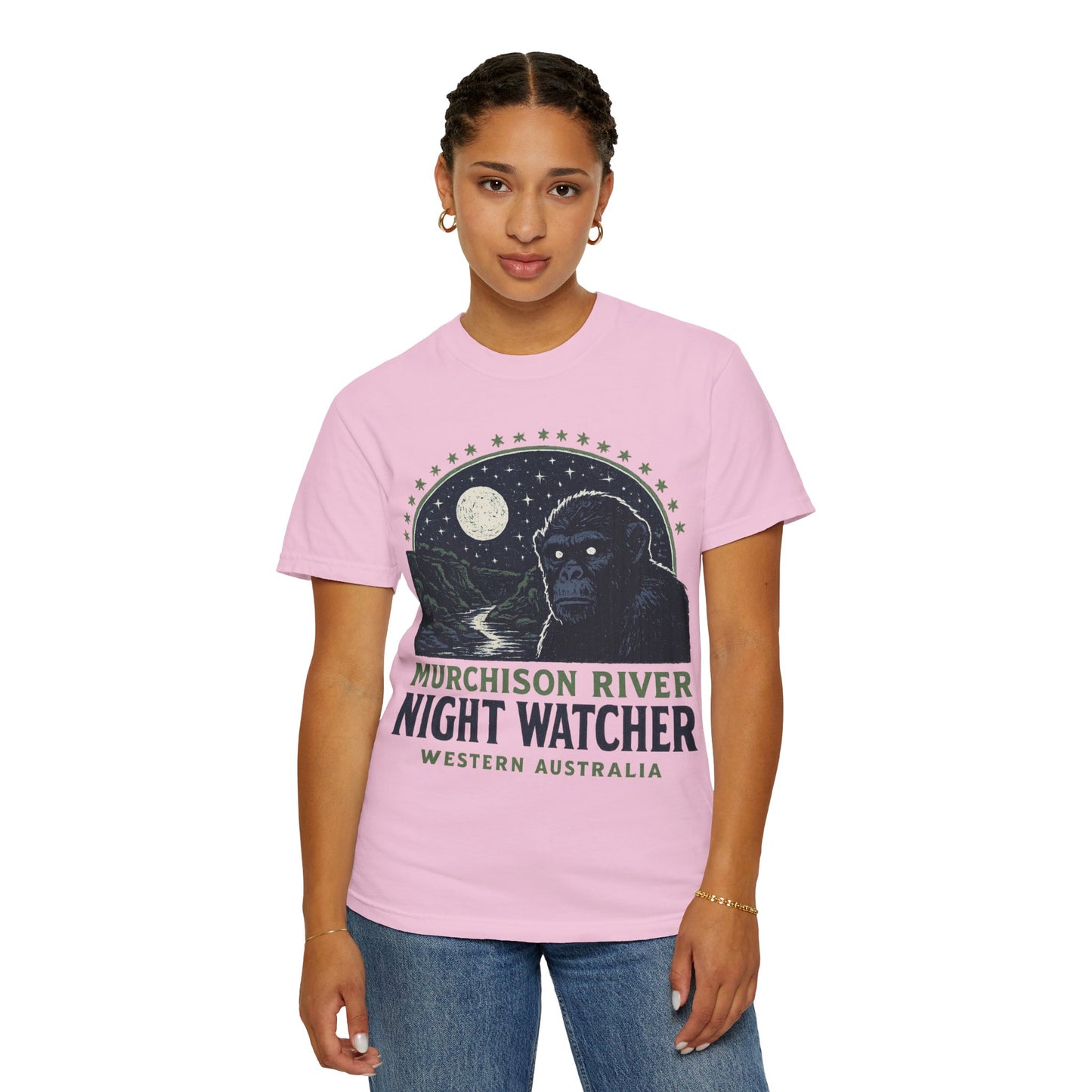Night Watcher T-Shirt, Unisex Garment-Dyed Tee, Gorilla Graphic Shirt, Adventure Apparel, Casual Wear, Gift for Nature Lovers