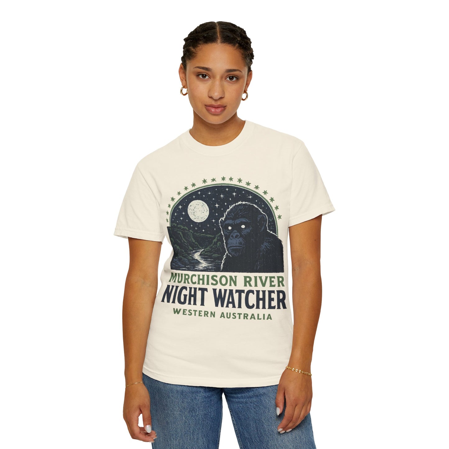 Night Watcher T-Shirt, Unisex Garment-Dyed Tee, Gorilla Graphic Shirt, Adventure Apparel, Casual Wear, Gift for Nature Lovers