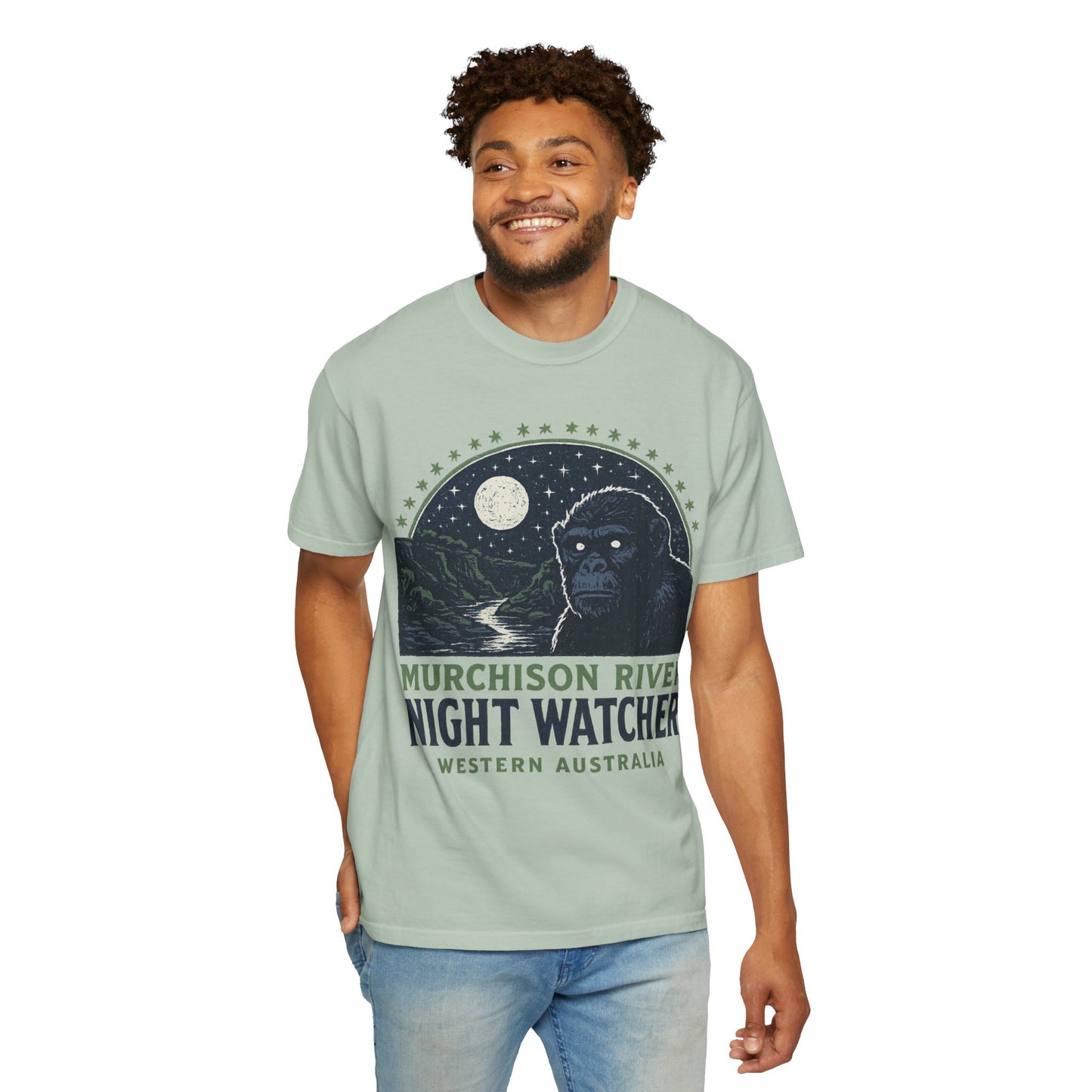 Night Watcher T-Shirt, Unisex Garment-Dyed Tee, Gorilla Graphic Shirt, Adventure Apparel, Casual Wear, Gift for Nature Lovers