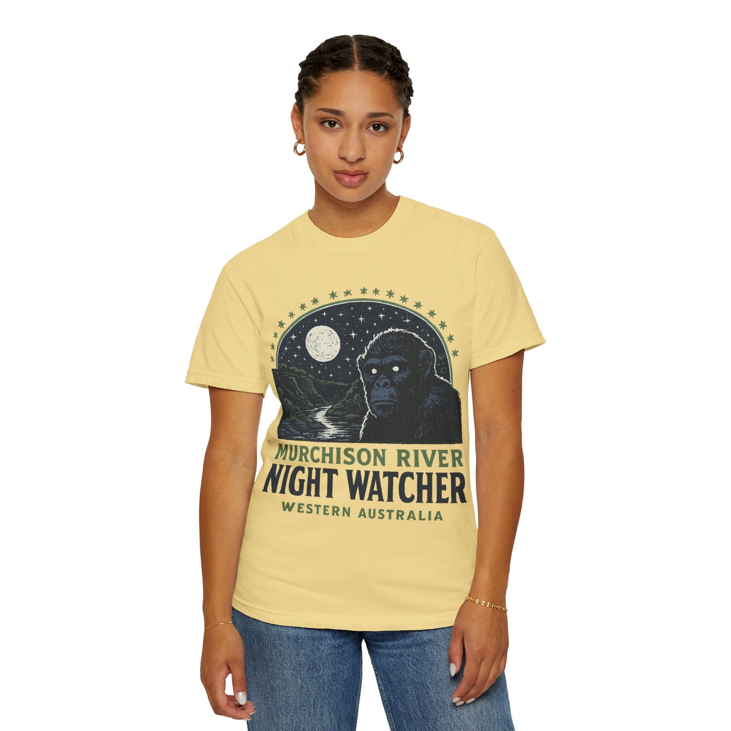 Night Watcher T-Shirt, Unisex Garment-Dyed Tee, Gorilla Graphic Shirt, Adventure Apparel, Casual Wear, Gift for Nature Lovers