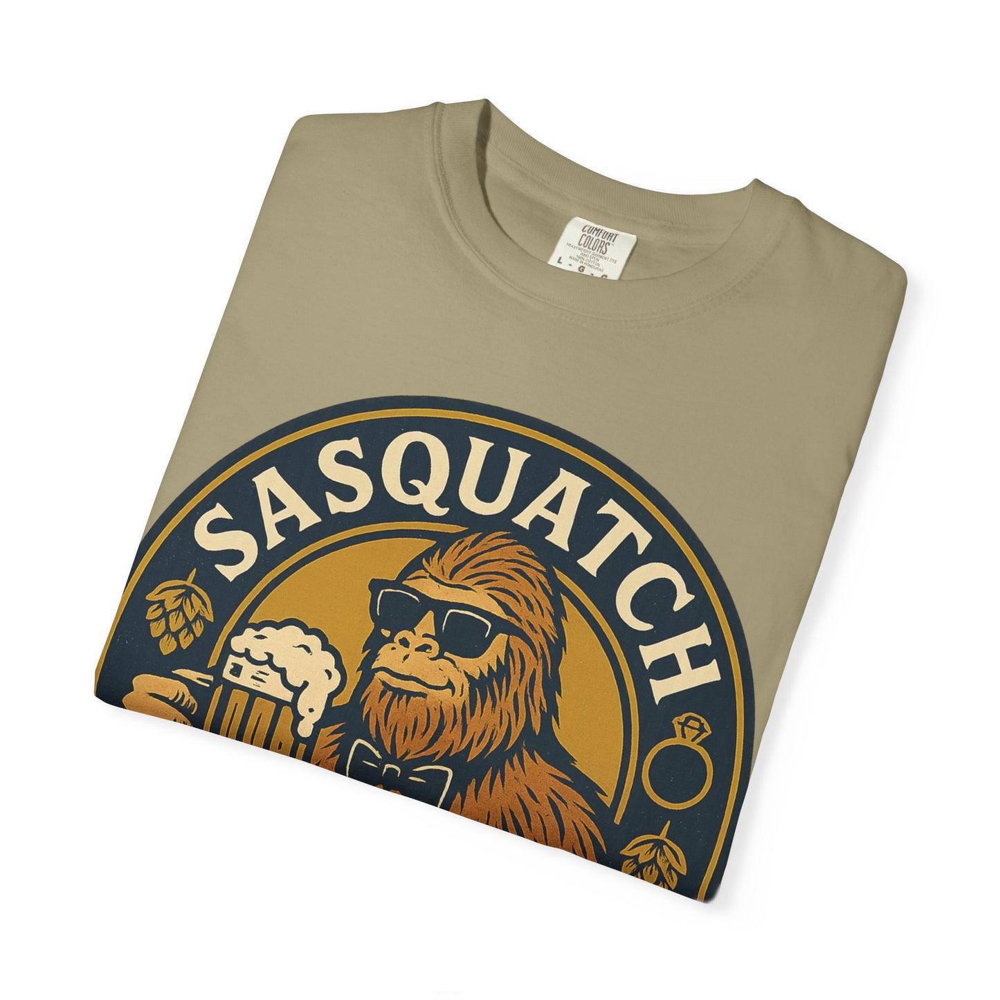 Sasquatch Groom Posse T-Shirt - Funny Bigfoot Wedding Tee - Vintage Beer Party Design - Unisex Garment-Dyed