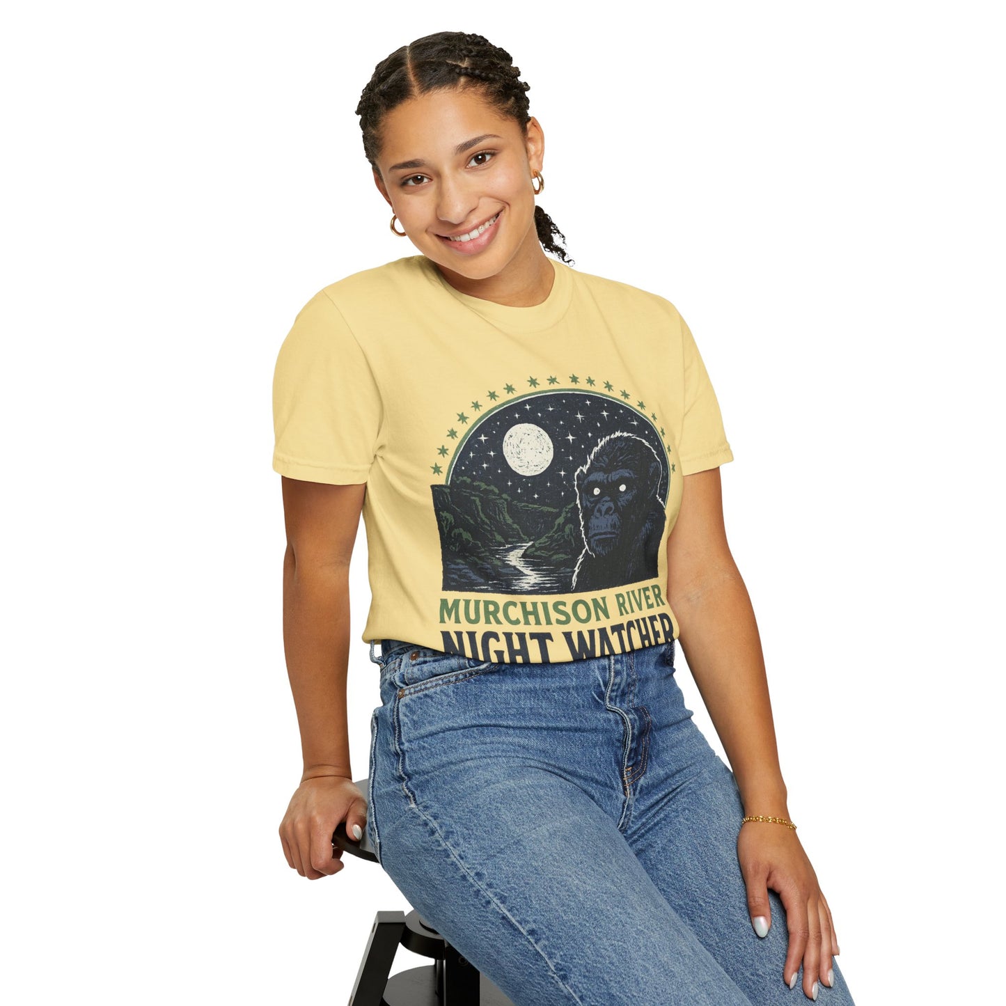 Night Watcher T-Shirt, Unisex Garment-Dyed Tee, Gorilla Graphic Shirt, Adventure Apparel, Casual Wear, Gift for Nature Lovers