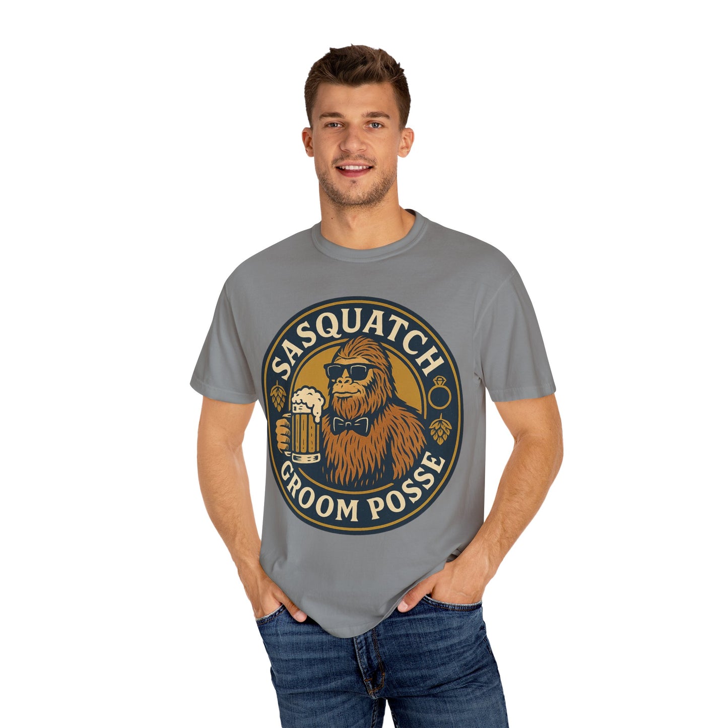 Sasquatch Groom Posse T-Shirt - Funny Bigfoot Wedding Tee - Vintage Beer Party Design - Unisex Garment-Dyed