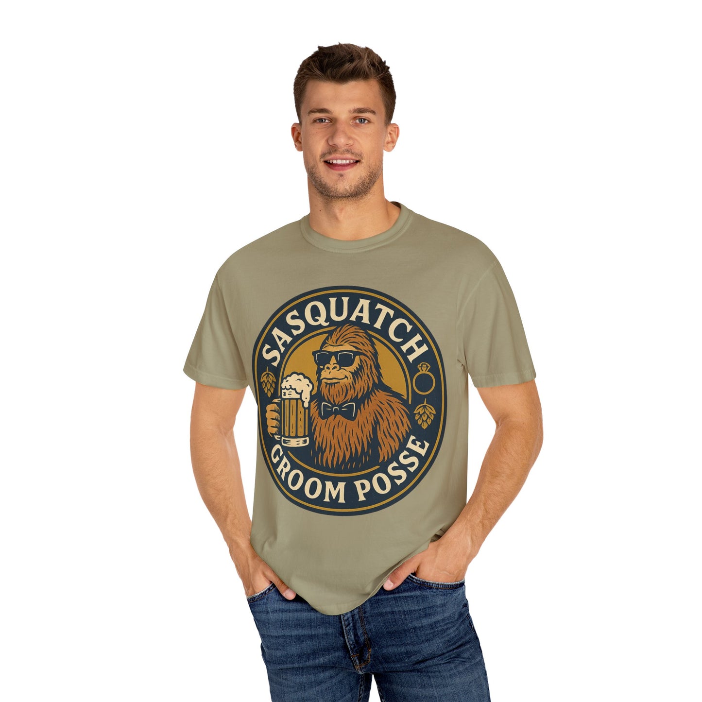 Sasquatch Groom Posse T-Shirt - Funny Bigfoot Wedding Tee - Vintage Beer Party Design - Unisex Garment-Dyed