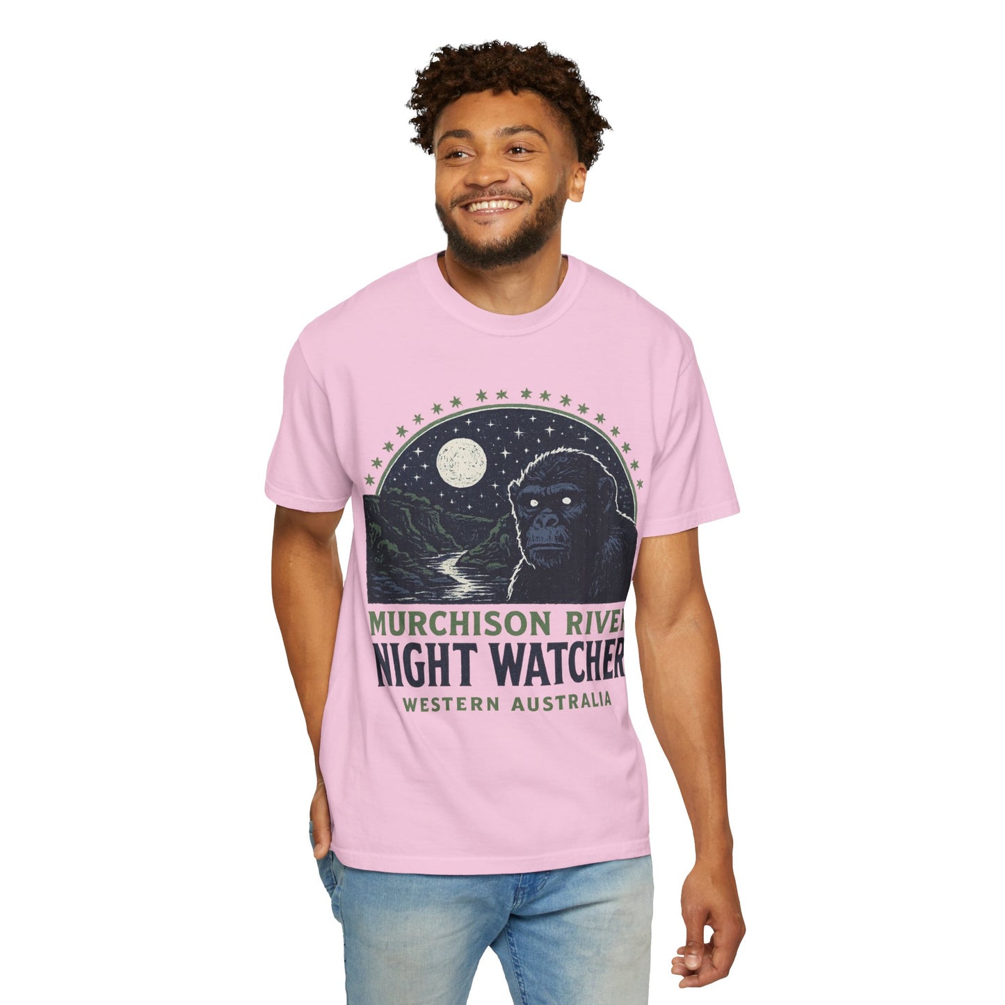 Night Watcher T-Shirt, Unisex Garment-Dyed Tee, Gorilla Graphic Shirt, Adventure Apparel, Casual Wear, Gift for Nature Lovers
