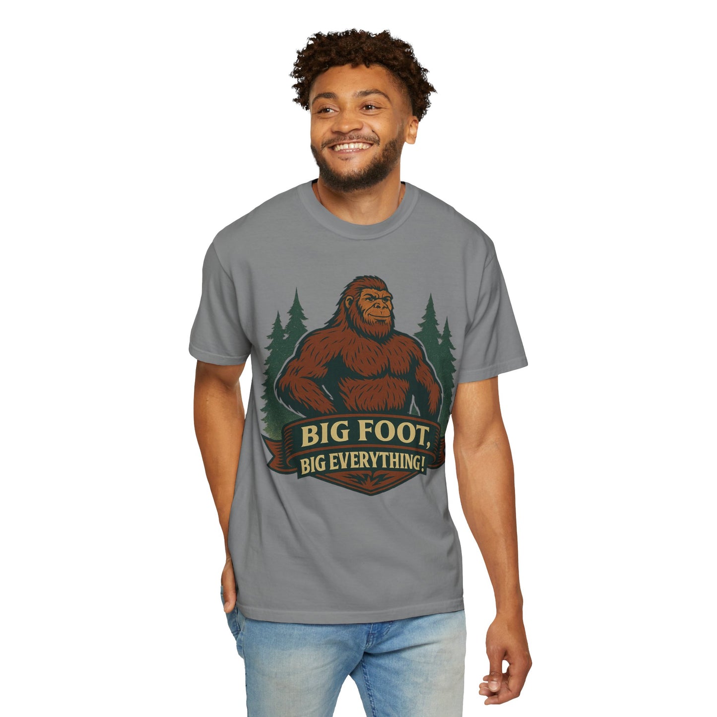 Big Foot, Big Everything T-Shirt - Bold Sasquatch Humor Tee - Vintage Outdoor Bigfoot Design - Unisex Garment-Dyed