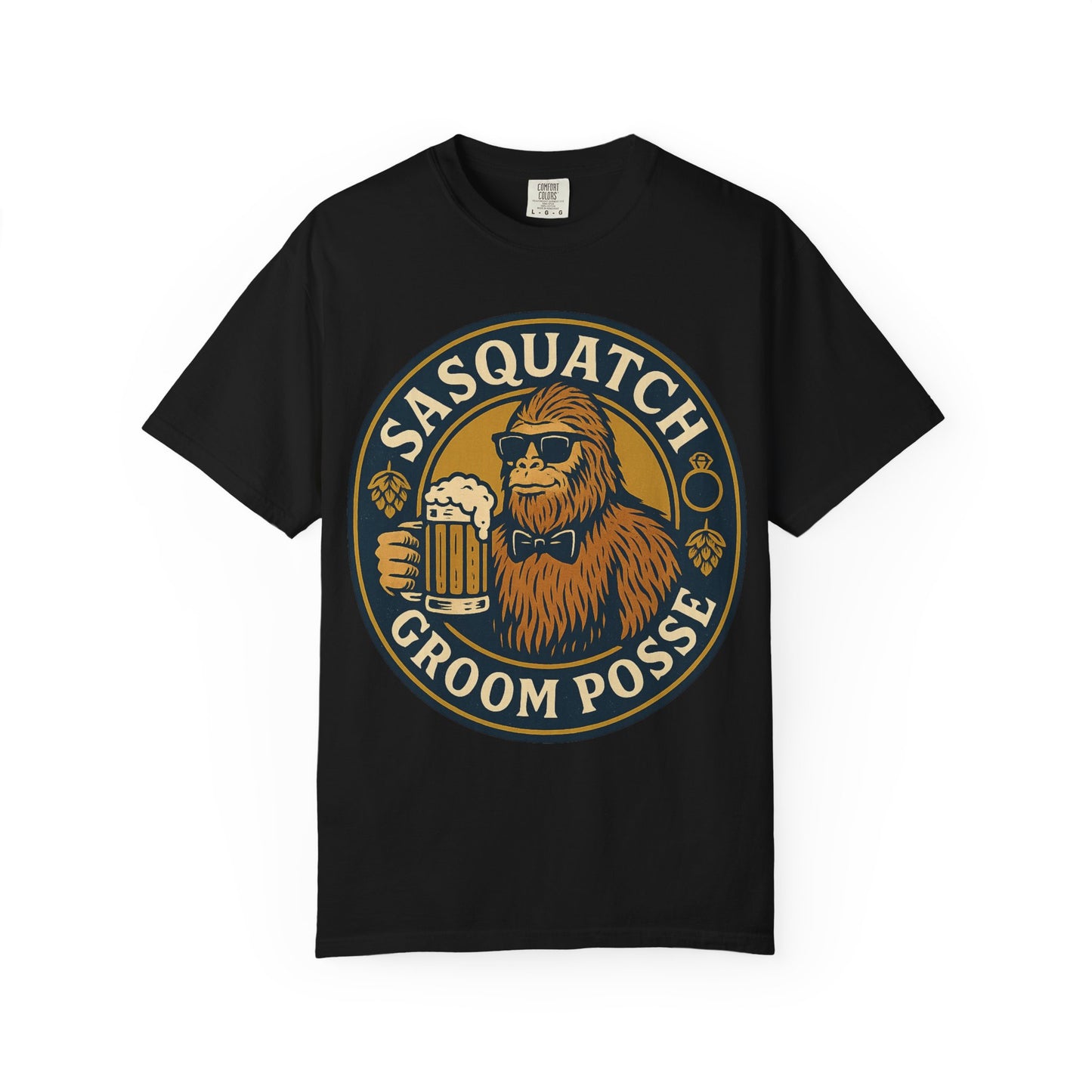 Sasquatch Groom Posse T-Shirt - Funny Bigfoot Wedding Tee - Vintage Beer Party Design - Unisex Garment-Dyed
