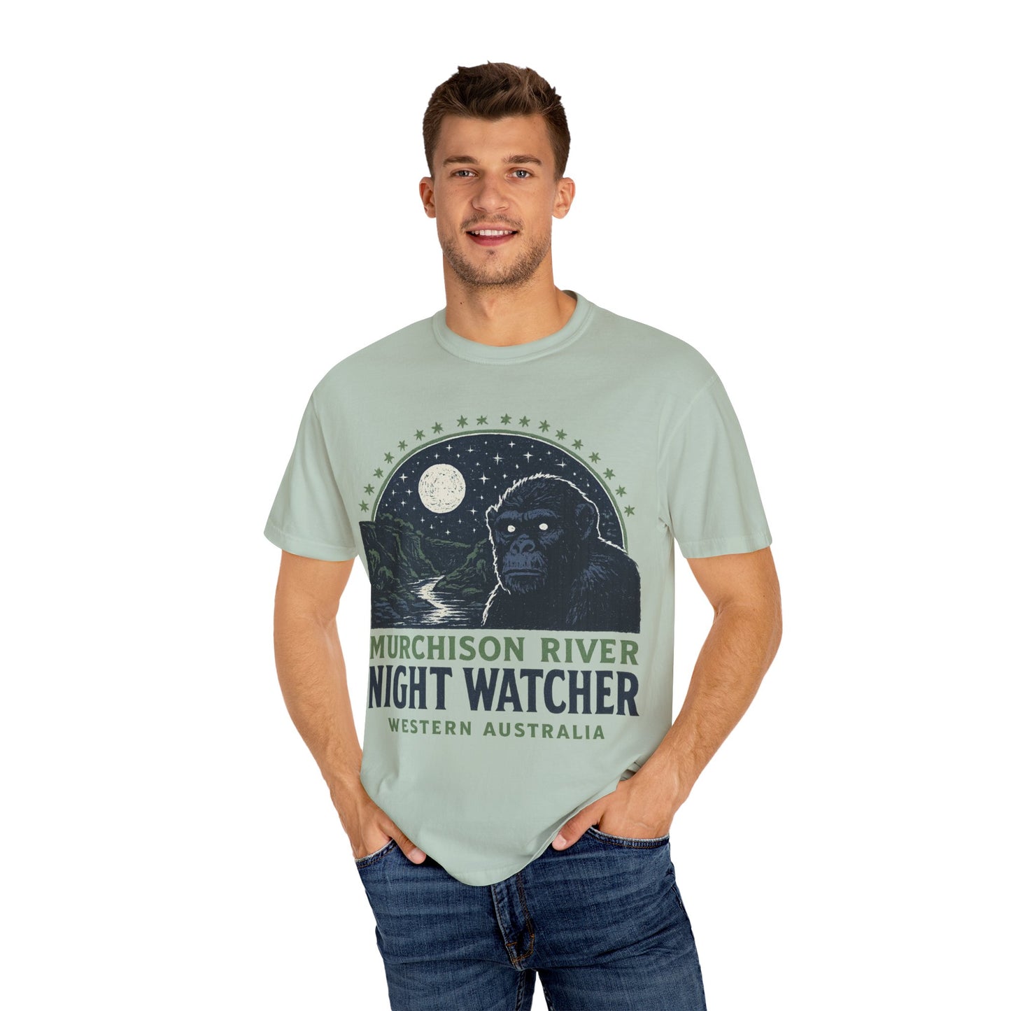 Night Watcher T-Shirt, Unisex Garment-Dyed Tee, Gorilla Graphic Shirt, Adventure Apparel, Casual Wear, Gift for Nature Lovers