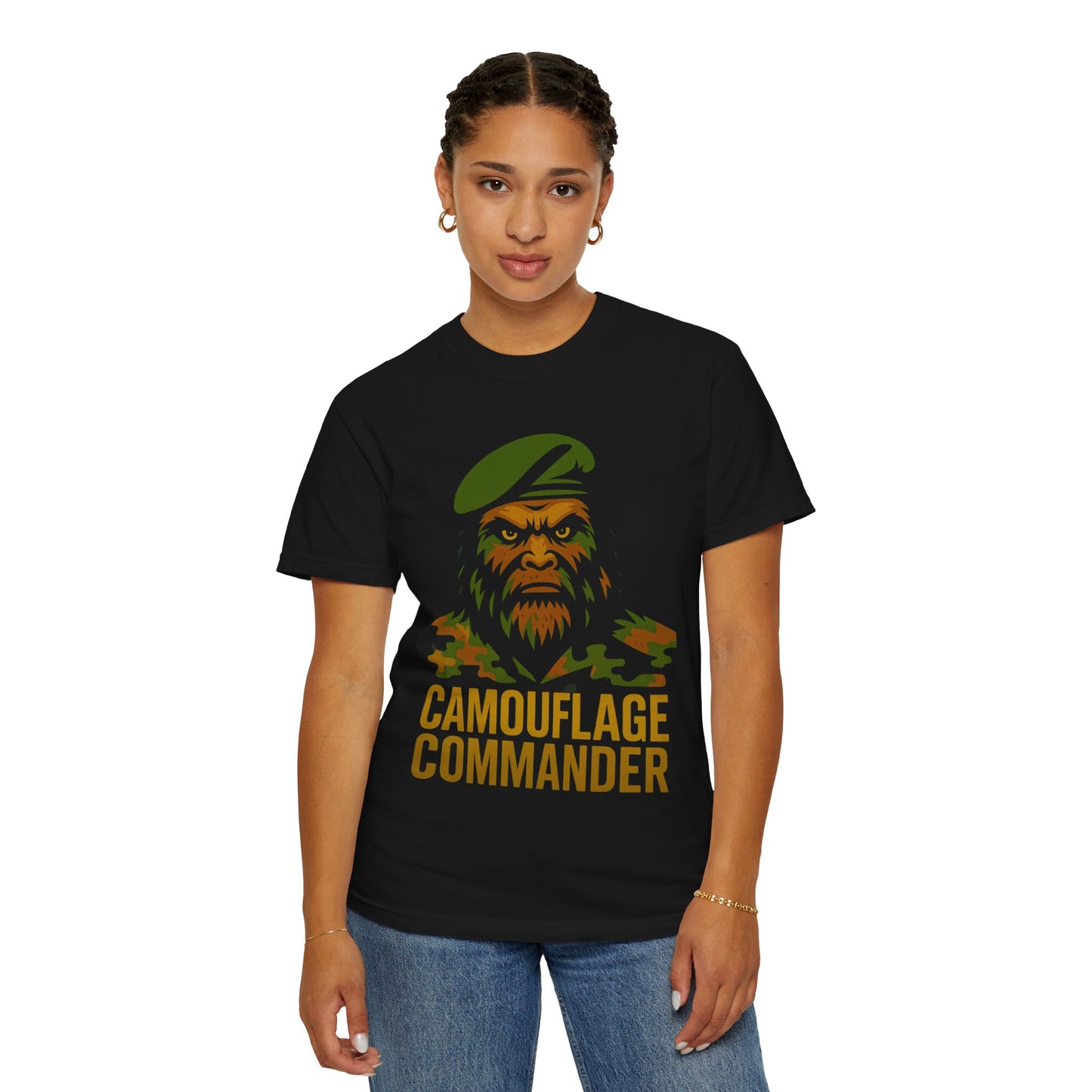 Camouflage Commander Bigfoot Military T-Shirt for Bigfoot Enthusiasts | Vintage Camo Graphic Tee | Eco-Friendly Unisex Shirt