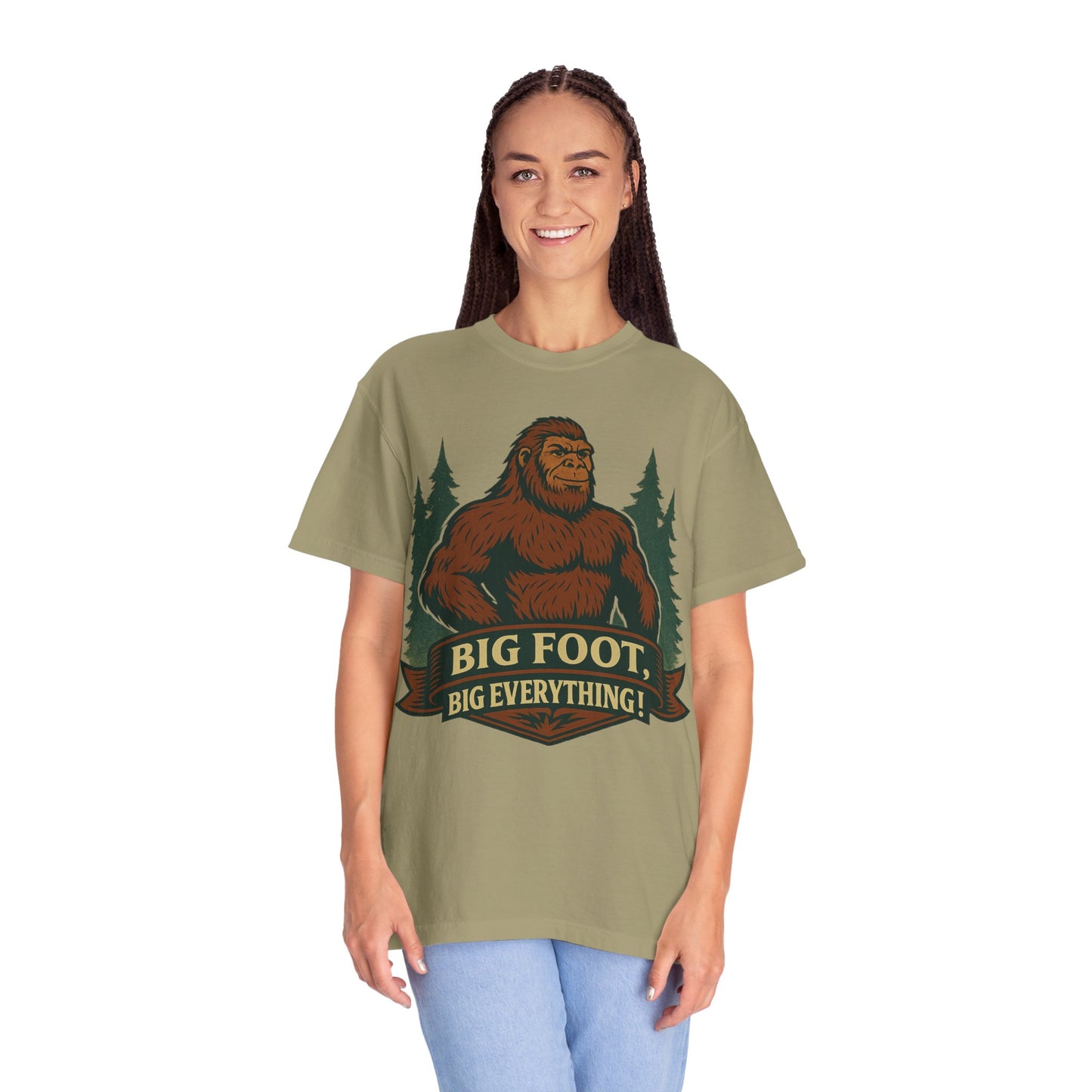 Big Foot, Big Everything T-Shirt - Bold Sasquatch Humor Tee - Vintage Outdoor Bigfoot Design - Unisex Garment-Dyed