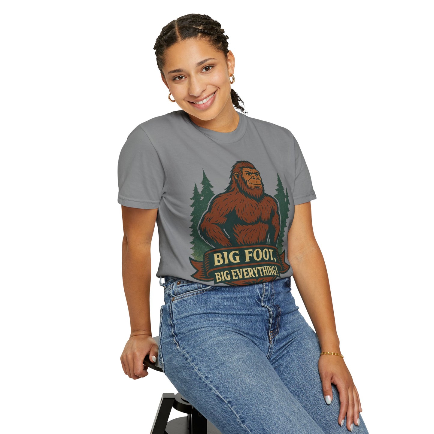 Big Foot, Big Everything T-Shirt - Bold Sasquatch Humor Tee - Vintage Outdoor Bigfoot Design - Unisex Garment-Dyed